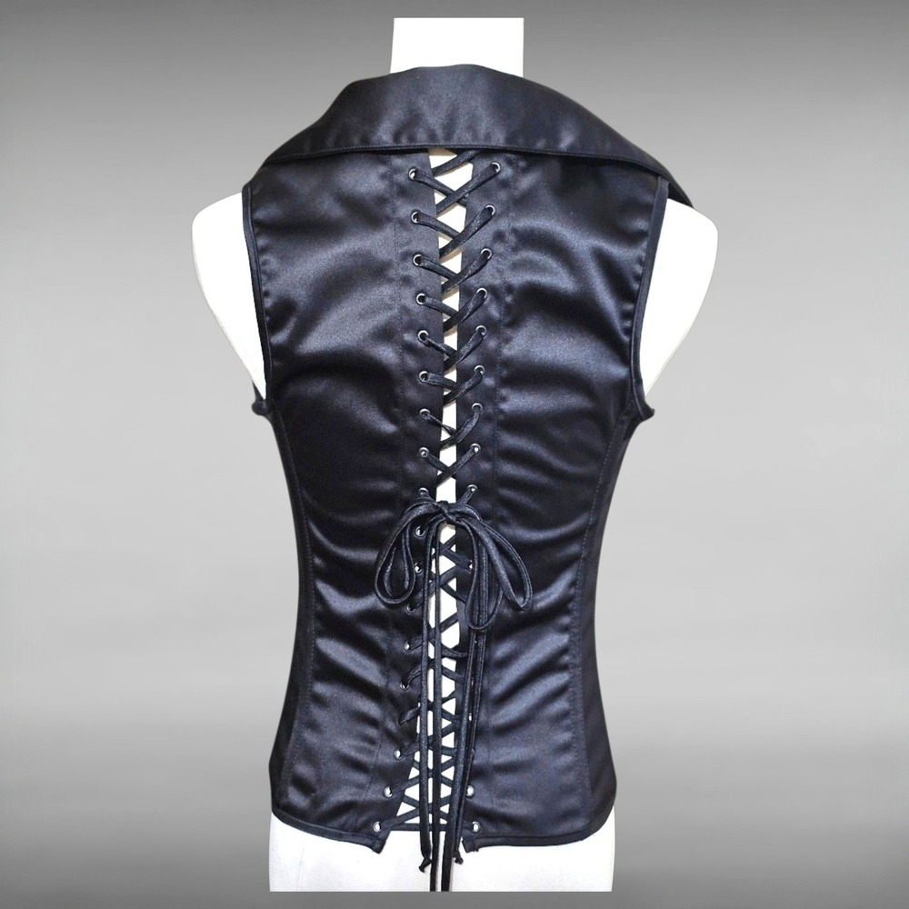 Vintage Y2K Shirley of Hollywood Black Lace Up Corset Vest Goth Steampunk 34